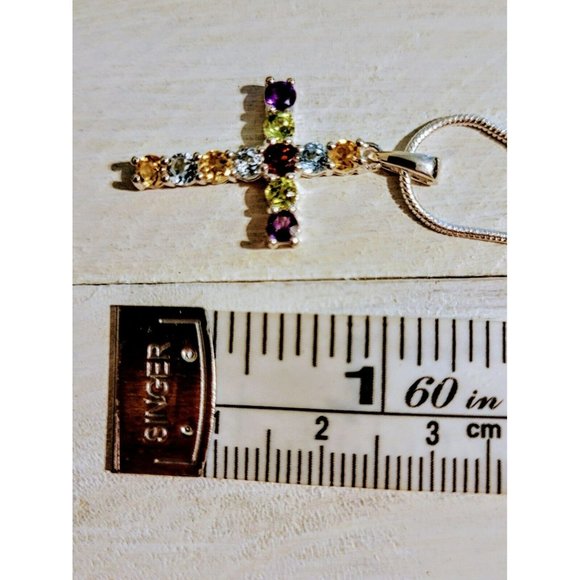 .925 Multi Gemstones Cross & 22" Chain Amethyst Blue Topaz Women Teen Gift Snk7 - Picture 4 of 4